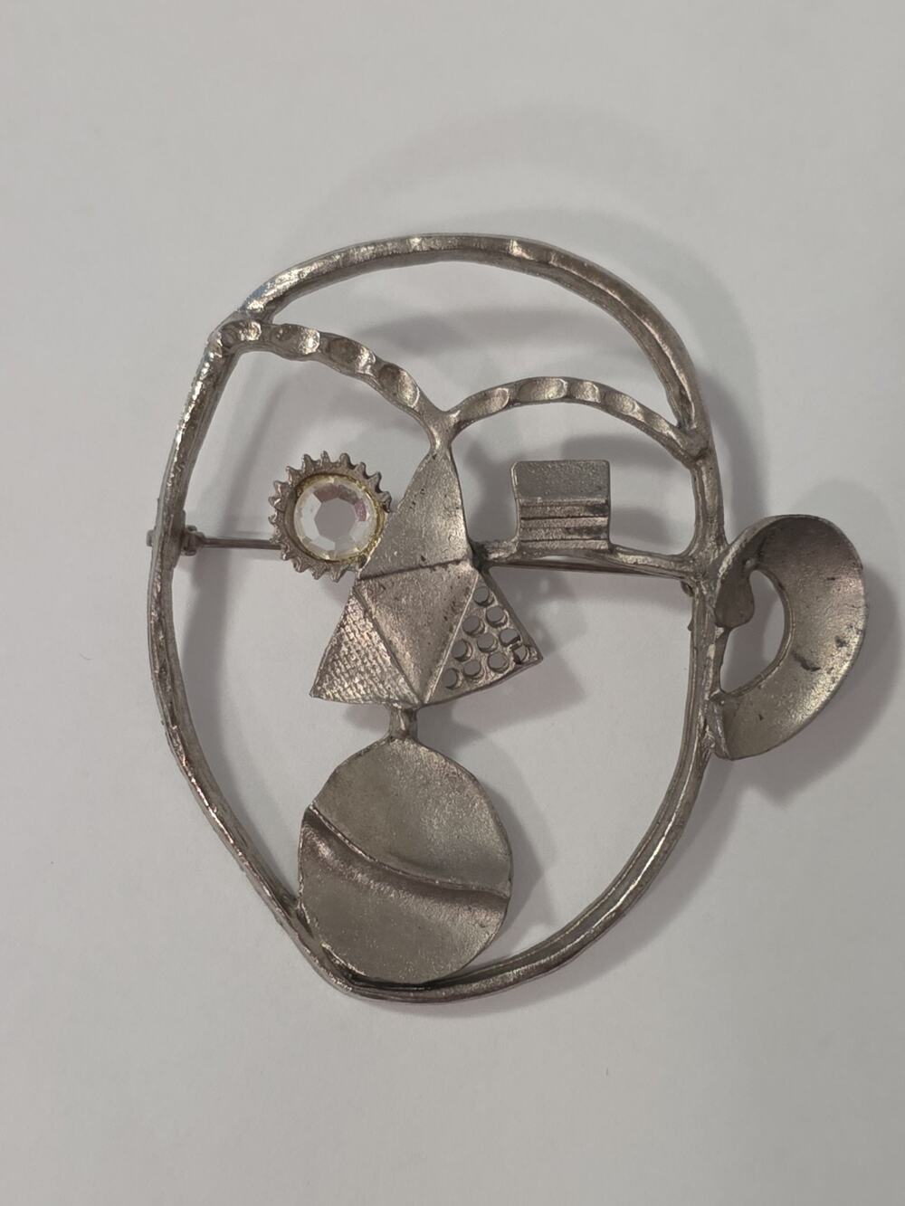 Cubist Modern Art Open Work PICASSO FACE PIN Silver Tone Abstract Vtg Brooch Lrg
